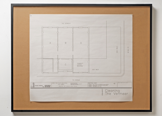 “ALL THE VERMEER'S OF NEW YORK” <br/>
1996<br/>
Wall: Black and White Architectural Drawing of the Building, “The Vermeer”, Superimposed with and Architectural Drawing of the Gallery<br/>