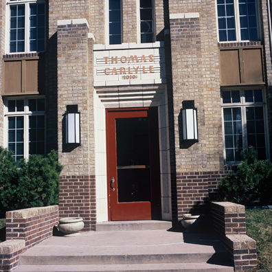 DISPLACED DENVER: THE THOMAS CARLYLE<br/>
2000 Ongoing <br/>
Cibachrome Print <br/>
Series of Denver Apartment Buildings Named After Famous Politicians, Artists, Landmarks, Neighborhoods, Beaches, Styles, Museums, Islands, Cocktails, Clothing, Pirates, Warriors, Automobiles, Restaurants, Race Tracks, Festivals, Writers, Cities, Explorers, Teams, Palaces, Stores, Poets, Song Writers, Hotels, Magazines, Fictional Places, Architectural Elements, Holidays, Etc <br/ >