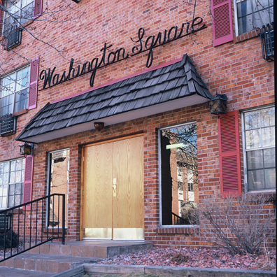 DISPLACED DENVER: THE WASHINGTON SQUARE<br/>
2000 Ongoing <br/>
Cibachrome Print <br/>
Series of Denver Apartment Buildings Named After Famous Politicians, Artists, Landmarks, Neighborhoods, Beaches, Styles, Museums, Islands, Cocktails, Clothing, Pirates, Warriors, Automobiles, Restaurants, Race Tracks, Festivals, Writers, Cities, Explorers, Teams, Palaces, Stores, Poets, Song Writers, Hotels, Magazines, Fictional Places, Architectural Elements, Holidays, Etc <br/ >