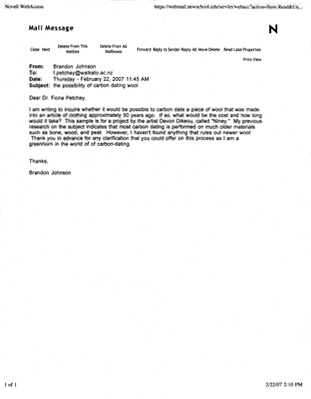 NINEY: CARBON DATING<br />
2007 <br />
1 of 4 Documents Citing the Carbon Dating Process Performed on Niney: Mounted on Sintra with Non-Glare Plexiglas Surface<br />
8 1/2” x 11” <br />