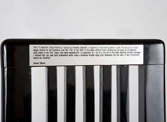 “MY FIRST BACHELORETTE PAD” <br/>
1999 Ongoing <br/>
Detail: Descriptive Plaque Detailing a Narrative about the Artist and Nicolette Sheridan<br/>
One of Set of '80s Style Memphis Chairs Donated by the Artist to PS1 as Part of “Artist's Studio Chair Program” <br/>
42” x 19” x 18” <br/>